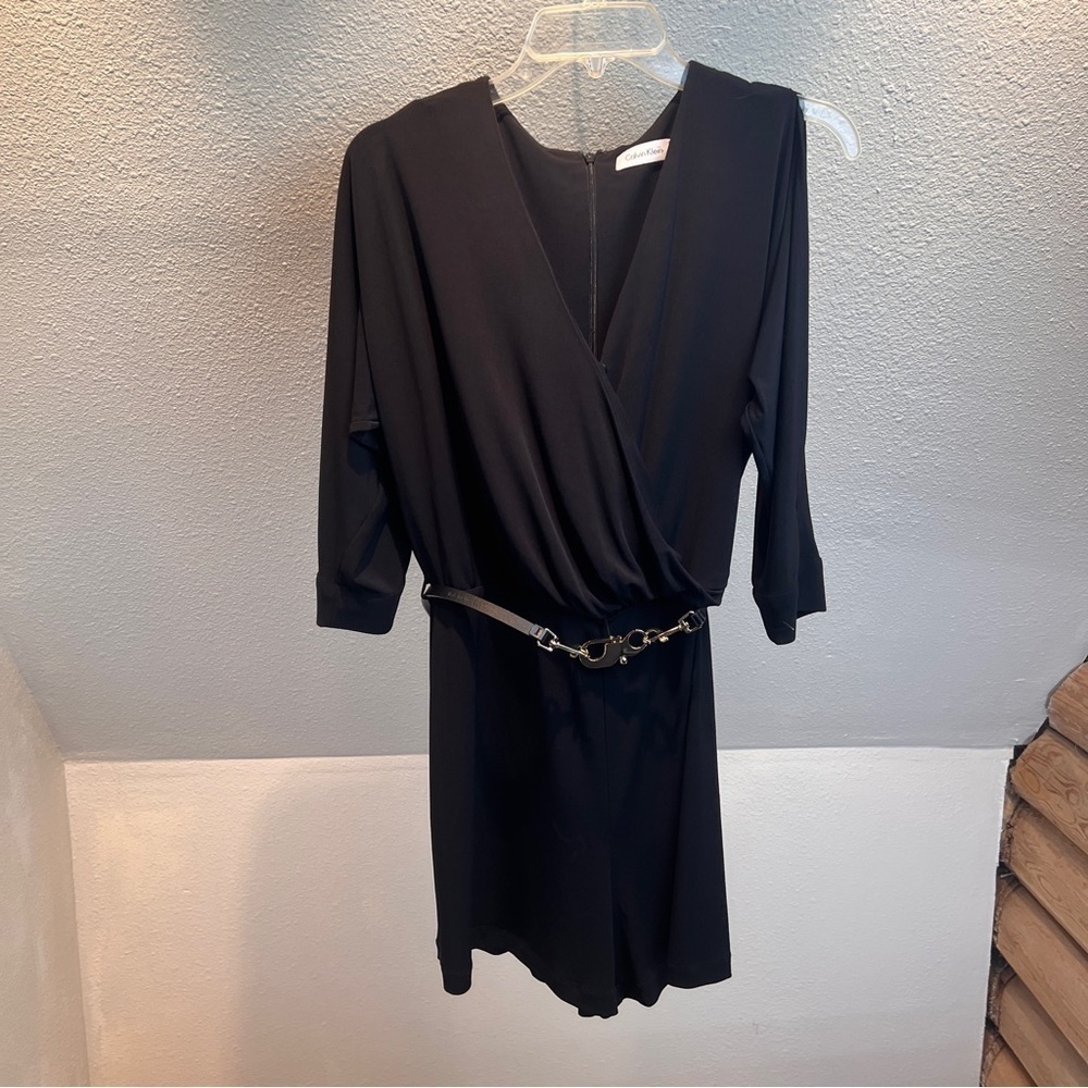 CALVIN KLEIN Black Split Long Sleeve Belted Romper. V-Neck w/snap. Size 10